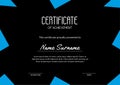 Stylish certificate layout with blue triangles on the black background