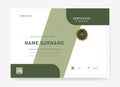 Stylish certificate template featuring curved green layout, patterned background, and QR code area. Suitable for award,