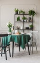 Stylish chairs at round table with green tablecloth in grey dining room