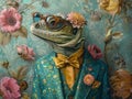 Stylish chameleon character dressed in a floral suit with elegant glasses, green olive background Royalty Free Stock Photo