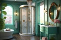 A stylish and chic bathroom with a glass shower enclosure and a pedestal sink. Generative Ai Royalty Free Stock Photo