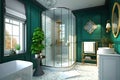 A stylish and chic bathroom with a glass shower enclosure and a pedestal sink. Generative Ai