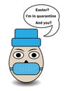 Stylish chicken egg in a madican mask and hat with a tect: Easter? I`m in quarantine. And you