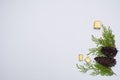 Stylish christmas composition. fir branches, cones and christmas gifts on white background. flat lay top view.