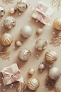 Stylish Christmas decorations and gift boxes on beige background. Flat lay, top view, overhead. Xmas greeting card design Royalty Free Stock Photo