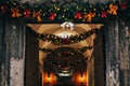 Stylish christmas decorations, jingle bells, garland lights, fir Royalty Free Stock Photo