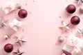 Stylish Christmas decorations on pastel pink background. Christmas frame. New Year banner mockup. Flat lay, top view