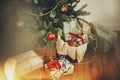 Stylish christmas gift boxes under beautiful christmas tree with Royalty Free Stock Photo