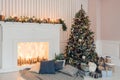 Stylish Christmas interior decorated in gray colors. Comfort home.