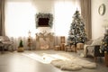 Stylish Christmas interior with decorated tree and fireplace