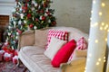 Stylish Christmas interior decorated in white and red colors Royalty Free Stock Photo