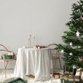 Stylish Christmas interior with a small round table, a Christmas tree and gifts around, 3d render