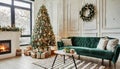 Stylish christmas living room interior with green sofa, white chimney, christmas tree and wreath, stars, gifts and decoration. Royalty Free Stock Photo