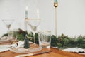 Stylish Christmas table setting. Christmas little tree on plate, linen napkin with bell, vintage cutlery, wineglass, fir branches