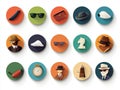 Stylish circular icons featuring various accessories and characters, including hats, sunglasses, and briefcase, creating playful