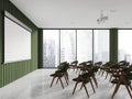 Stylish class room interior with chairs in row and mock up projection screen