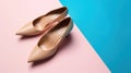 Stylish classic womens beige leather shoes with medium high heels, on blue multi-colored paper background. AI Generative