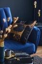 Stylish close up on the elegant pillow in the glamour living room interior. Golden home decorations.