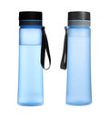 Stylish closed light blue bottle with water on white background