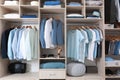 Stylish clothes, shoes and home stuff in large wardrobe Royalty Free Stock Photo