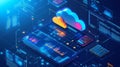 Stylish cloud technology illustration with data analytics, featuring colorful graphics and digital interface elements Royalty Free Stock Photo