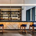 A stylish cocktail bar with a marble countertop, modern bar stools, and a selection of artisanal spirits5, Generative AI