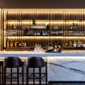 A stylish cocktail bar with a marble countertop, modern bar stools, and a selection of artisanal spirits3, Generative AI