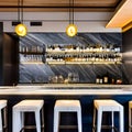 A stylish cocktail bar with a marble countertop, modern bar stools, and a selection of artisanal spirits1, Generative AI