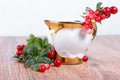 Stylish coffee cup and red lingonberries on wooden surface Royalty Free Stock Photo