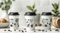 Stylish coffee cups with artistic designs on table with coffee beans and pastries Royalty Free Stock Photo