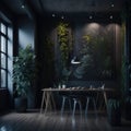 Stylish Coffee And Snack Place In Office Working Place, dark Colors, Lots of Plants, Time For Break, Table And Chairs, Generative Royalty Free Stock Photo