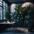Stylish Coffee And Snack Place In Office Working Place, dark Colors, Lots of Plants, Time For Break, Table And Chairs, Generative Royalty Free Stock Photo