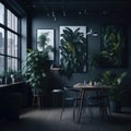 Stylish Coffee And Snack Place In Office Working Place, dark Colors, Lots of Plants, Time For Break, Table And Chairs, Generative Royalty Free Stock Photo