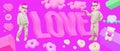 Stylish collage banner. Funny Lady characters. Text Love. Social networks, promotion concept, likes, Valentine`s day, Relationshi