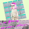 Stylish collage scene.  Comic office Girl character and computer programming space. Promotion in the Internet world concept,. Royalty Free Stock Photo