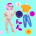 Stylish collage scene. Fashion Happy Comic Girl character chooses look. Ideal for fashion bloggers, Social networks, shop and