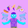 Stylish collage scene. Funny 3d Boy character and supermarket food, Food delivery concept, online shop, delivery apps