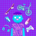 Stylish collage scene. Funny 3d Boy character..Teenager, gamer, skateboard culture. Youth concept