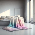 Colorful blankets on the ground. Wool chunky blanket