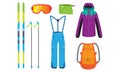 Stylish colorful clothing and equipment for mountain skiing vector illustration