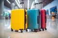 Stylish colorful suitcases in airport hall. Family travel, holiday, vacation, workation, trip, baggage concept Royalty Free Stock Photo