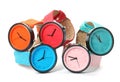 Stylish colorful wrist watches on white background.