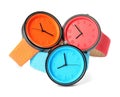 Stylish colorful wrist watches on white. Fashion accessory