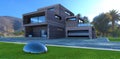 Stylish compact country house. Front entrance and garage door. Steel reflective ellipsoid in the foreground. Tropical landscape.