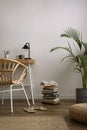 Stylish composition of cozy bedroom with wooden desk, armchair, plant and books. Braided carpet. Template