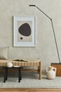 Stylish composition of cozy living room interior with mock up poster frame, pillow on the chaise longue, black modern minimalistic