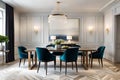 Stylish composition of elegant dining room interior design with velvet armchairs.