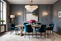 Stylish composition of elegant dining room interior design with velvet armchairs.