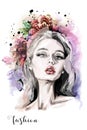 Stylish composition with hand drawn beautiful young woman portrait, flowers and watercolor blots. Fashion illustration. Royalty Free Stock Photo