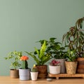 Stylish composition of home garden interior filled a lot of beautiful plants, cacti, air plant in different design pots. Green Royalty Free Stock Photo